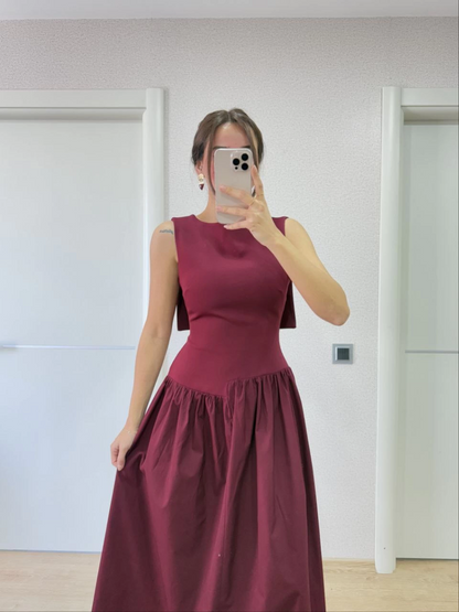 Women's Long Crepe Dress with Winged Back and Front Dart Detail - Burgundy