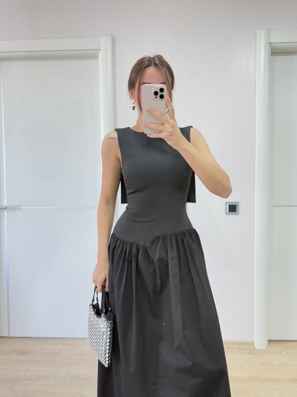 Crepe Back Wing Back Front Dart Detailed Long Women's Dress - Black