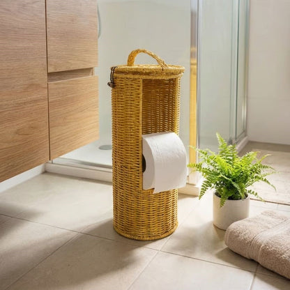 Hanging Plastic Rattan Toilet Paper Holder - Wicker-Look, Lidded, Spare WC Roll Holder, Decorative Organizer for Bathroom and Toilet (5347)