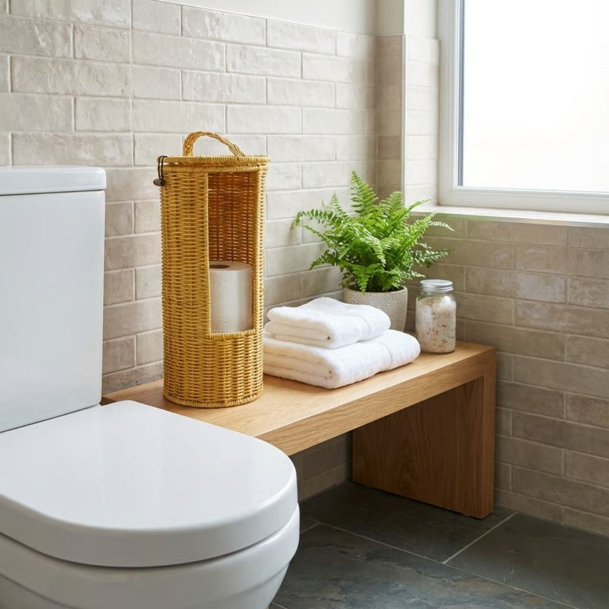 Hanging Plastic Rattan Toilet Paper Holder - Wicker-Look, Lidded, Spare WC Roll Holder, Decorative Organizer for Bathroom and Toilet (5347)