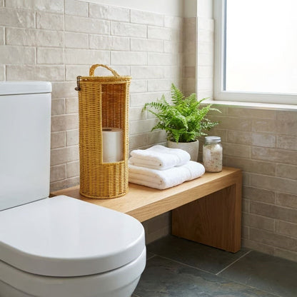 Hanging Plastic Rattan Toilet Paper Holder - Wicker-Look, Lidded, Spare WC Roll Holder, Decorative Organizer for Bathroom and Toilet (5347)