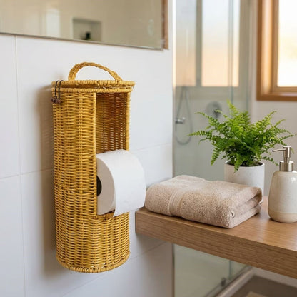 Hanging Plastic Rattan Toilet Paper Holder - Wicker-Look, Lidded, Spare WC Roll Holder, Decorative Organizer for Bathroom and Toilet (5347)