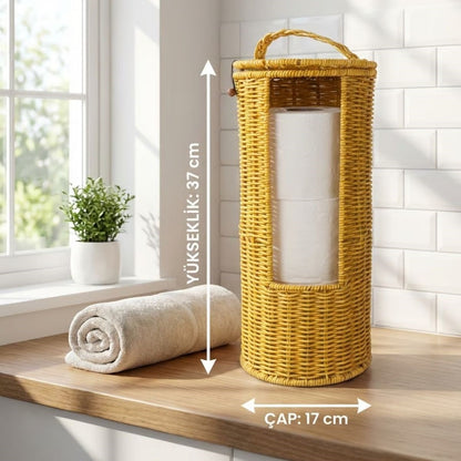Hanging Plastic Rattan Toilet Paper Holder - Wicker-Look, Lidded, Spare WC Roll Holder, Decorative Organizer for Bathroom and Toilet (5347)