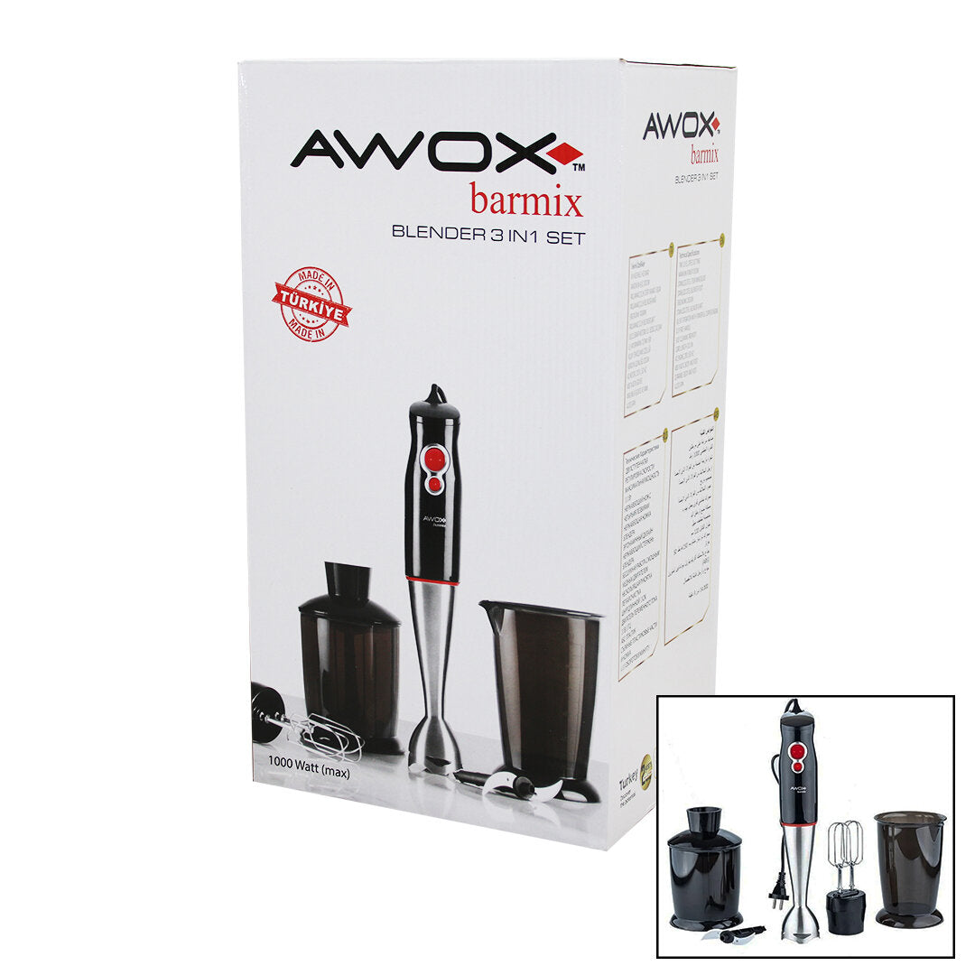 خلاط AWOX BARMİX 3 في 1، وعاء خلط ستانلس ستيل بسعة 2 لتر، شفرة ستانلس ستيل، شفرة ستانلس ستيل رباعية الشفرات، 1000 واط (5347)