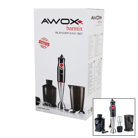 AWOX BARMİX  3İN1  BLENDER SETİ  ÇELİK 2Lİ MİKSER   ÇELİK RONDO BIÇAK   ÇELİK 4 KANATLI BIÇAK   1000W (5347)