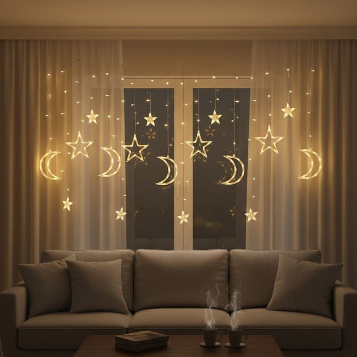 Ay ve Yıldız Figürlü Kumandalı 12 Sarkıtlı 120 LED Dekor Işık - Dekoratif Ortam ve Masaüstü Aydınlatması (5347)