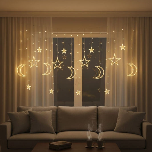 Ay ve Yıldız Figürlü Kumandalı 12 Sarkıtlı 120 LED Dekor Işık - Dekoratif Ortam ve Masaüstü Aydınlatması (5347)