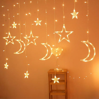 Ay ve Yıldız Figürlü Kumandalı 12 Sarkıtlı 120 LED Dekor Işık - Dekoratif Ortam ve Masaüstü Aydınlatması (5347)