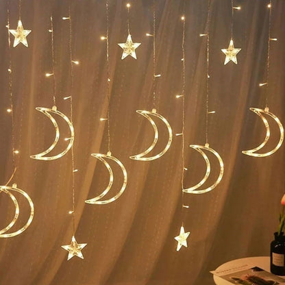 Ay ve Yıldız Figürlü Kumandalı 12 Sarkıtlı 120 LED Dekor Işık - Dekoratif Ortam ve Masaüstü Aydınlatması (5347)