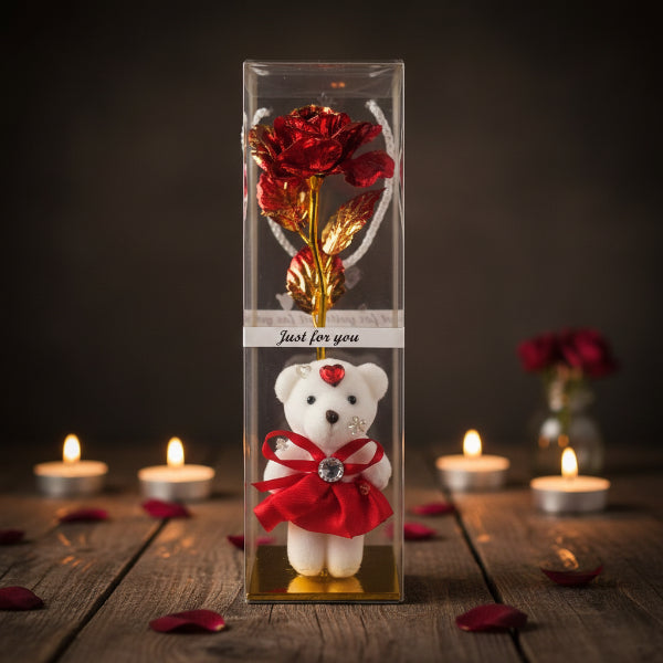 Infinity Rose with Bear in Transparent Box