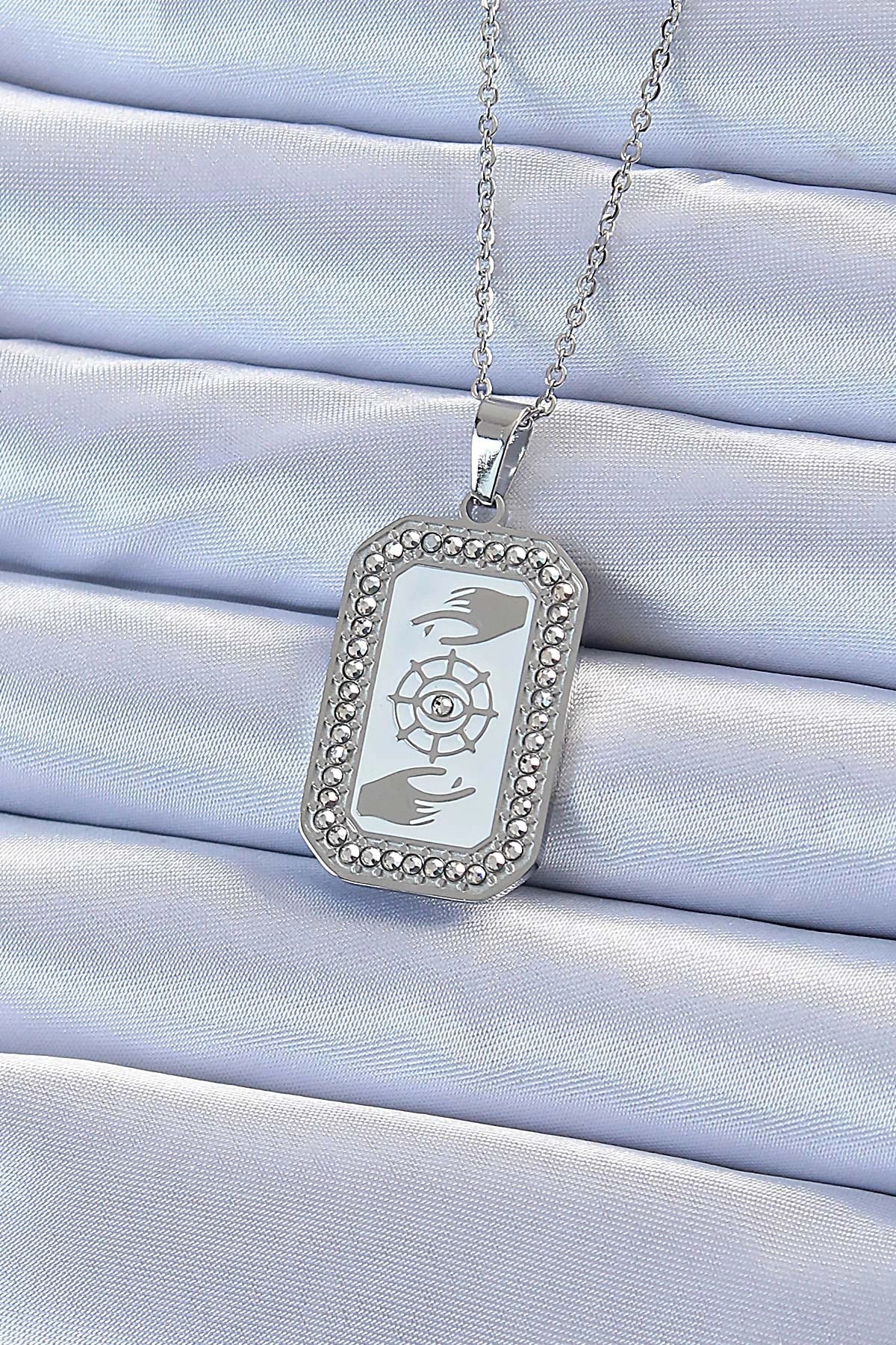 Mey İthalat® 316L Çelik Zincir Gümüş Renk Mineli Zirkon Taşlı Göz Figür Tarot Kolye