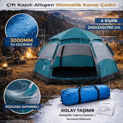 Starixa® 4 Kişilik Otomatik Kamp Çadırı - Altıgen Tasarım, Çift Kapılı, Suya Dayanıklı, Hızlı Kurulumlu Geniş Aile Outdoor Çadırı 240x240x160 cm