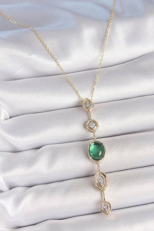 Mey İthalat® Pirinç Zincir Zümrüt Yeşil Gold Renk Zirkon Taşlı Y Kolye