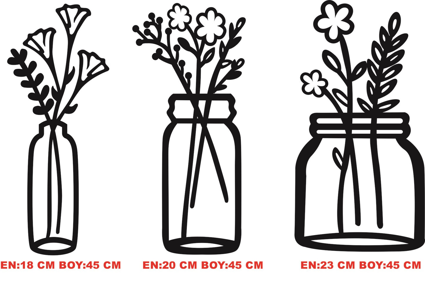 Çiçekli Kavanozlar - Ahşap Mutfak Duvar Dekoru (3 lü Set)
