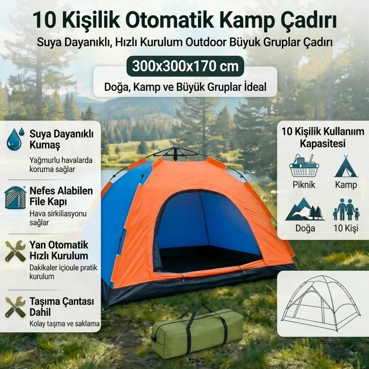 Starixa® 10 Kişilik Otomatik Kurulum Kamp Çadırı - Outdoor , Suya Dayanıklı Hızlı Kurulum Piknik ve Doğa İçin Geniş Aile Çadırı 300x300x170 cm