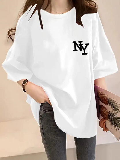 Kadın Eğlenceli Harf NY Baskılı Bisiklet Yaka Tişört - Rahat Polyester, Makinede Yıkanabilir - Yaz ve Fitness için Mükemmel, Yuvarlak Yaka- Beyaz
