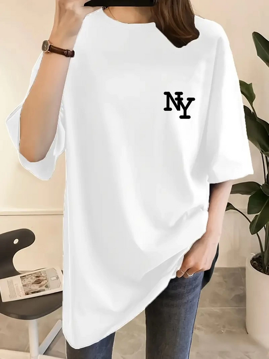 Kadın Eğlenceli Harf NY Baskılı Bisiklet Yaka Tişört - Rahat Polyester, Makinede Yıkanabilir - Yaz ve Fitness için Mükemmel, Yuvarlak Yaka- Beyaz
