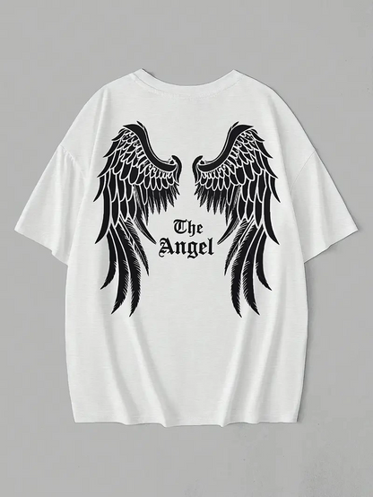 تي شيرت صيفي قطن 20/1 مصقول مقاس كبير بكم قصير بطبعة Dark Angel - أبيض