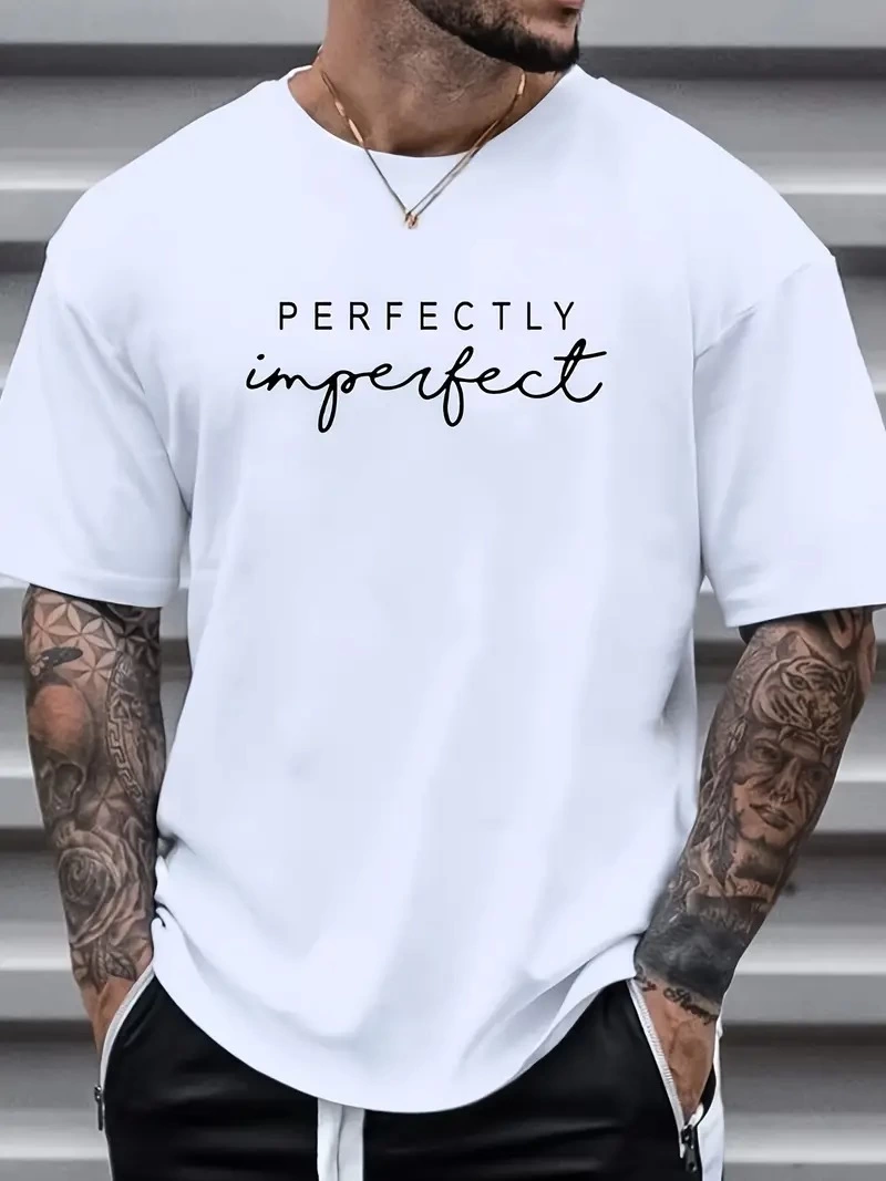 erkekler için Ön Arka Baskılı PERFECTLY günlük Kısa Kol tişört - Beyaz