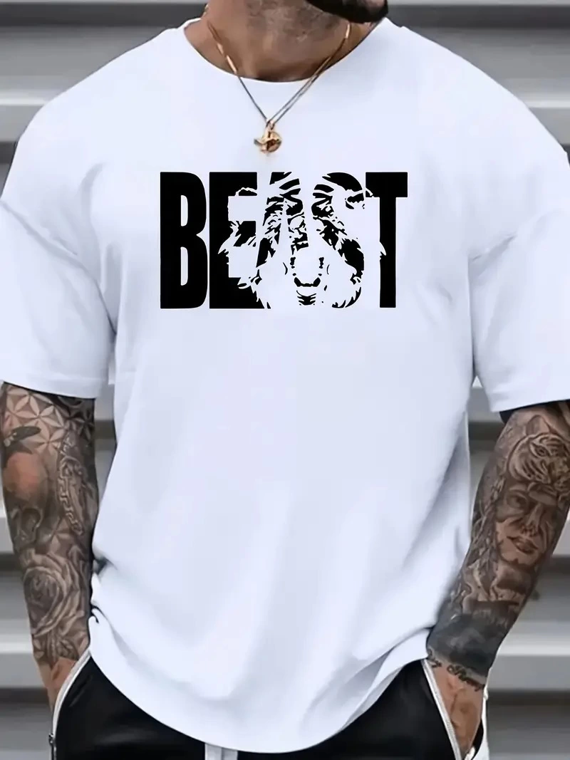 Eşsiz Baskı Tasarımlı Şık Büyük Beden Erkek Tişörtü - Rahat Polyester, Makinede Yıkanabilir, Yuvarlak Yaka - Her Mevsim İçin Mükemmel - Beyaz