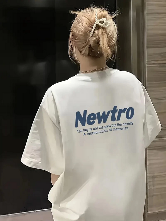 Newtro Baskılı Oversize Bisiklet Yaka T-shirt - Beyaz