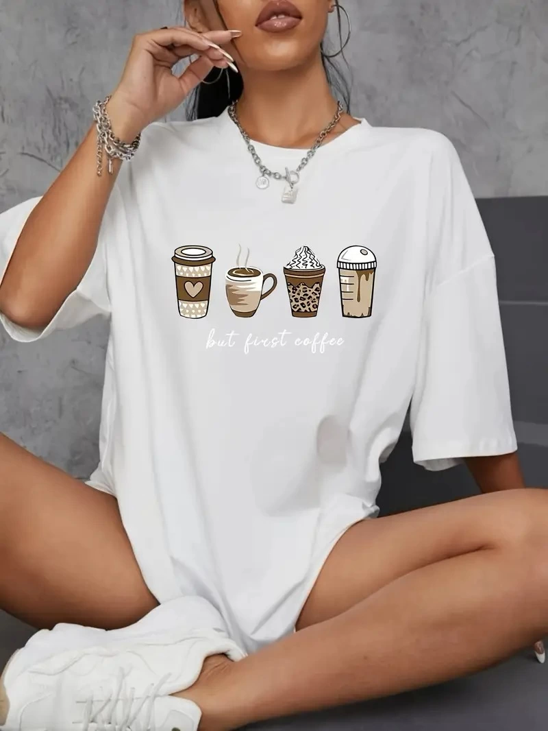20/1 Combed Cotton Compact Printed Oversized Coffee Pattern Women's Short Sleeve T-shirt - White
