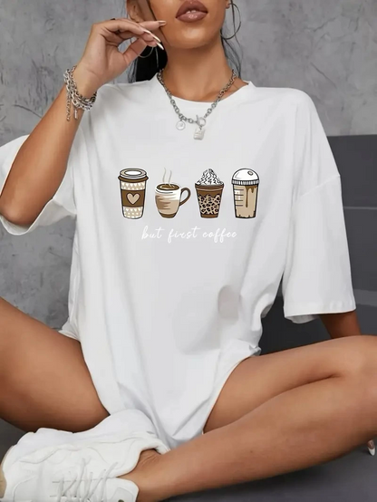20/1 Combed Cotton Compact Printed Oversized Coffee Pattern Women's Short Sleeve T-shirt - White
