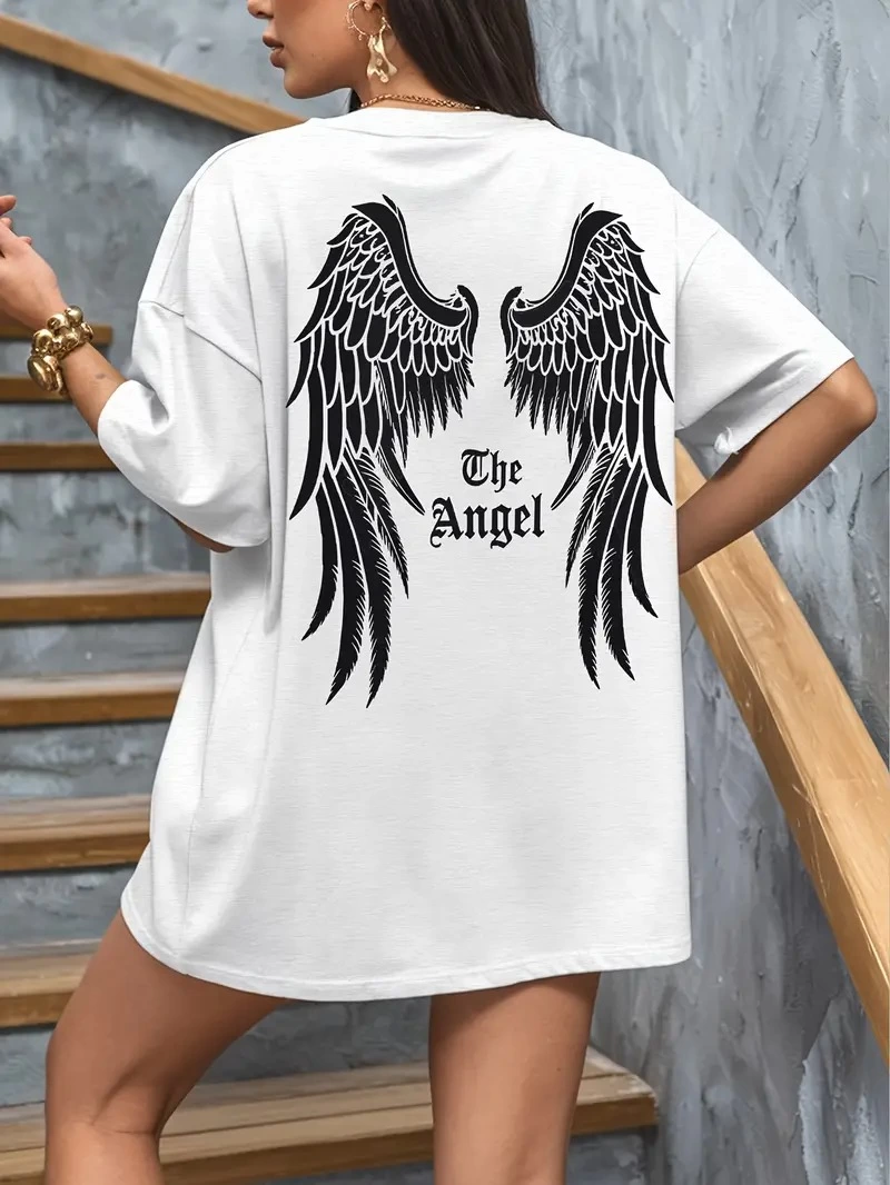 تي شيرت صيفي قطن 20/1 مصقول مقاس كبير بكم قصير بطبعة Dark Angel - أبيض