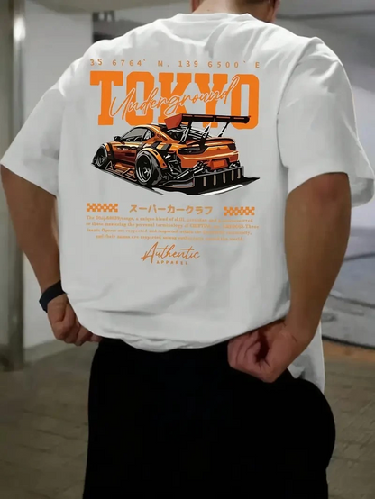 Erkek Turuncu Spor Araba Grafik Tişört - "TOKYO" Baskılı Günlük Oversize Kısa Kollu Tişört, Yetişkinler için Yazlık Giyim, Turuncu Araba Tasarımı - Beyaz
