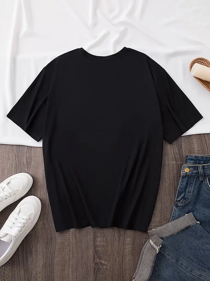 20/1 Combed Cotton Printed Oversize Crew Neck Short Sleeve Summer T-shirt - Black