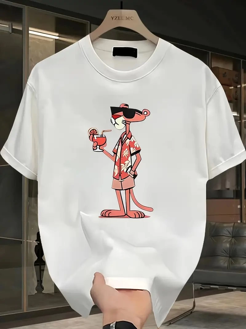 Pembe Panter Baskılı Erkek Oversize Günlük Kısa Kollu Tişört İlkbahar ve Yaz için Mükemmeldir - Beyaz