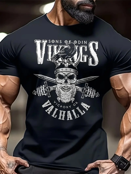 20/1 Penye Compack Vikings Valhalla Baskılı Oversize Bisiklet Yaka T-shirt - Siyah