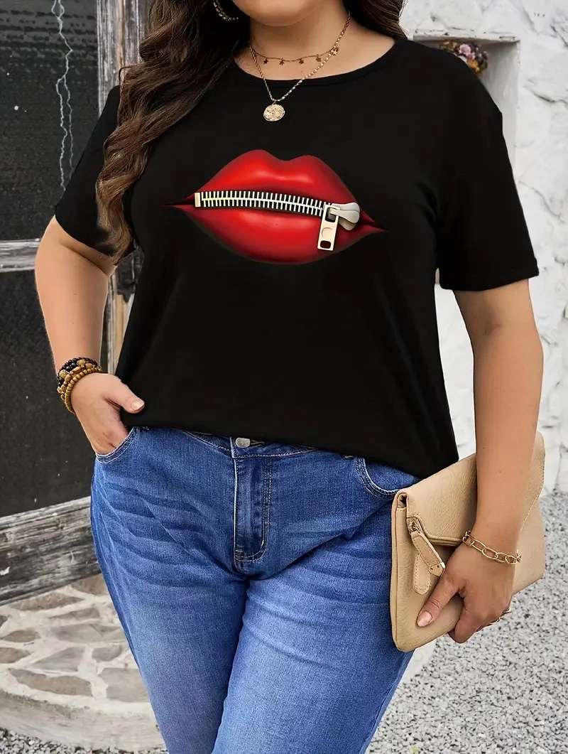 zipper lips print t-shirt crew neck short sleeve t-shirt - Black