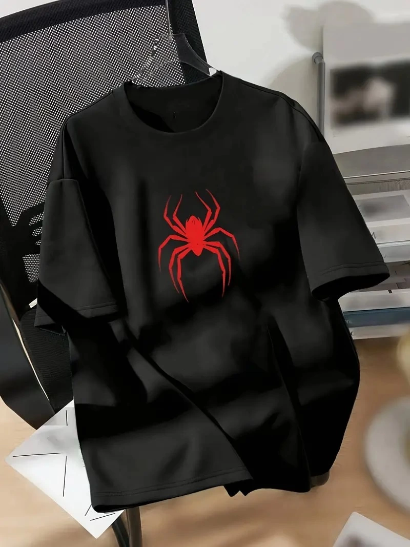 20/1 Combed Cotton Compack Spider Print Oversize Unisex Short Sleeve Summer T-shirt - Black