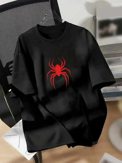 20/1 Combed Cotton Compack Spider Print Oversize Unisex Short Sleeve Summer T-shirt - Black