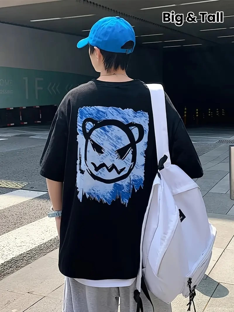 20/1 Combed Cotton Bike Collar Korean Style Cute Bear Print Short Sleeve Men's T-shirt - Black