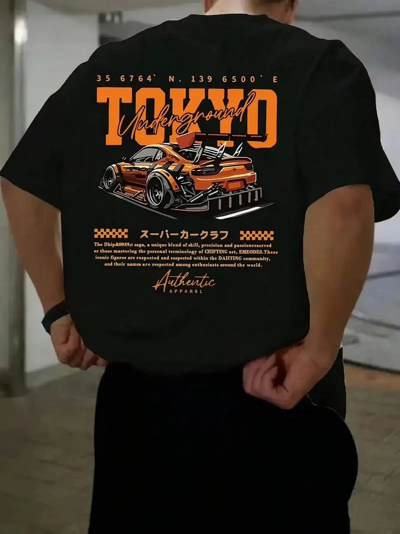 Erkek Turuncu Spor Araba Grafik Tişört - "TOKYO" Baskılı Günlük Oversize Kısa Kollu Tişört, Yetişkinler için Yazlık Giyim, Turuncu Araba Tasarımı- Siyah