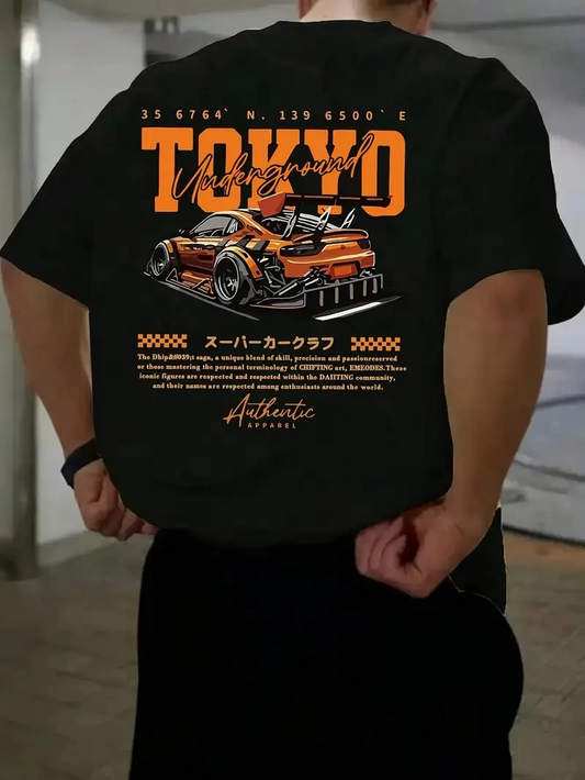 Erkek Turuncu Spor Araba Grafik Tişört - "TOKYO" Baskılı Günlük Oversize Kısa Kollu Tişört, Yetişkinler için Yazlık Giyim, Turuncu Araba Tasarımı- Siyah