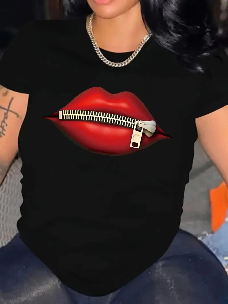 zipper lips print t-shirt crew neck short sleeve t-shirt - Black