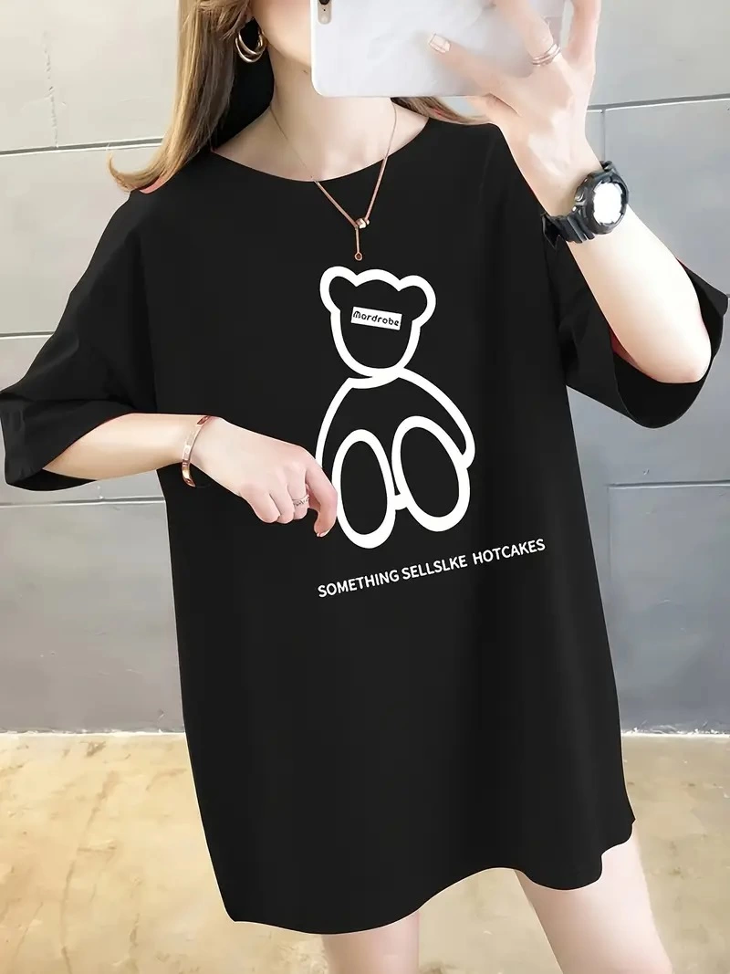 20/1 Combed Compact Cotton Front and Back Printed Oversized Crew Neck T-shirt - Black