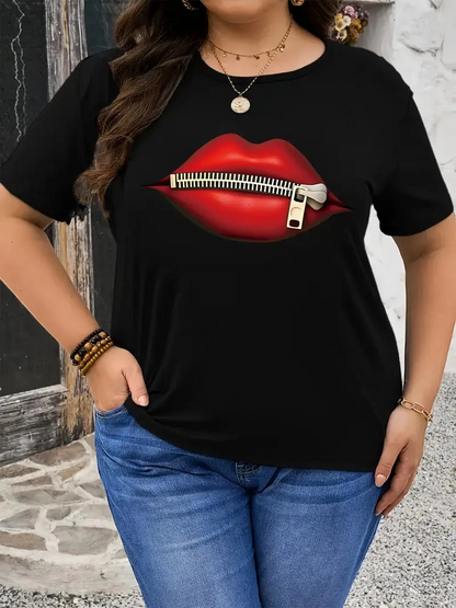 zipper lips print t-shirt crew neck short sleeve t-shirt - Black