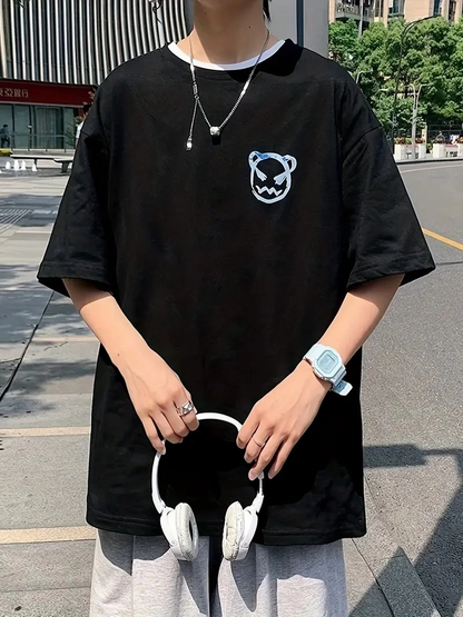 20/1 Combed Cotton Bike Collar Korean Style Cute Bear Print Short Sleeve Men's T-shirt - Black