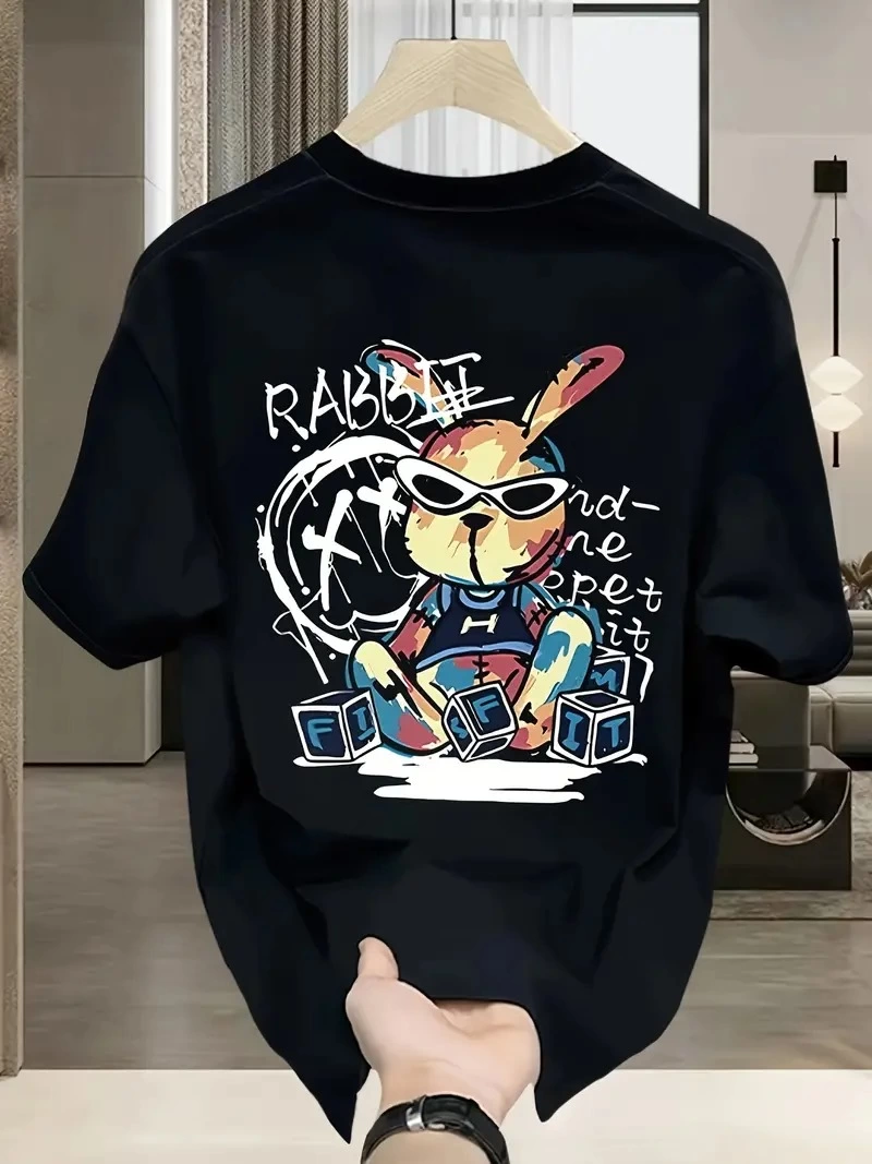Sunglasses Graphic Cartoon Rabbit Oversized Short Sleeve T-Shirt Couple T-Shirt, Spring And Summer - Black