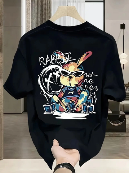 Sunglasses Graphic Cartoon Rabbit Oversized Short Sleeve T-Shirt Couple T-Shirt, Spring And Summer - Black