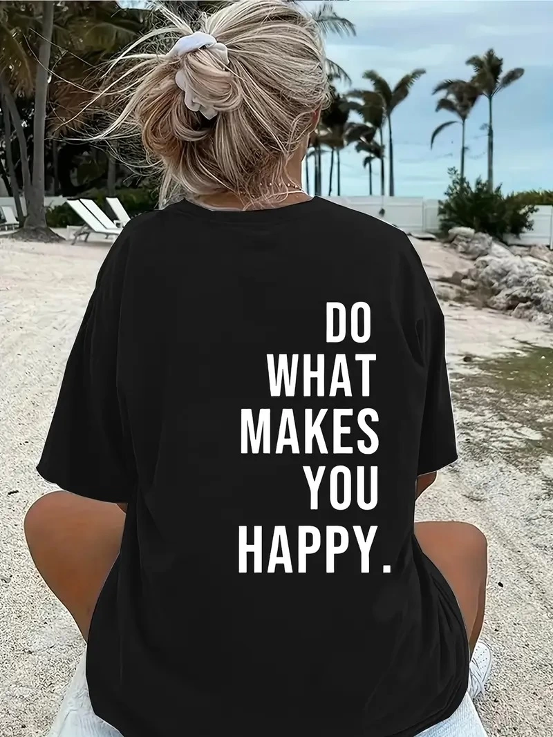 تيشيرت للجنسين بطبعة "Do What Makes You Happy" واسع النطاق - أسود