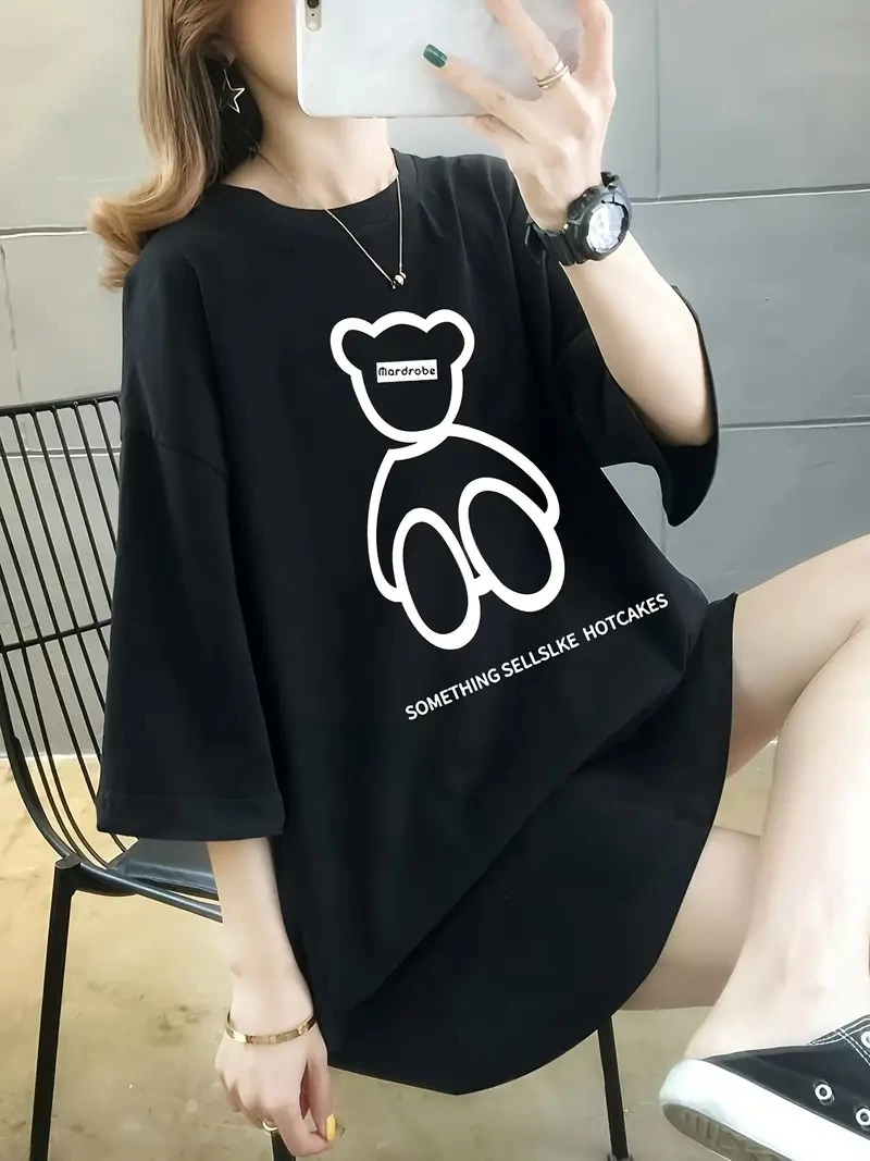 20/1 Combed Compact Cotton Front and Back Printed Oversized Crew Neck T-shirt - Black