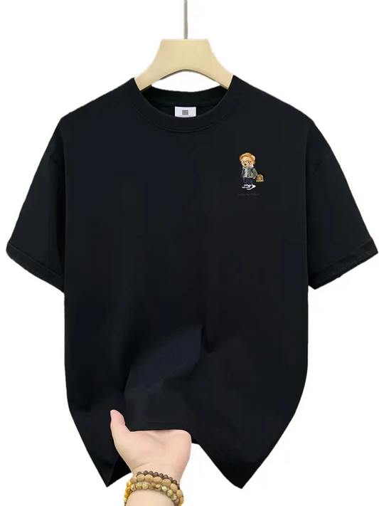 20/1 Penye Compack Gözlüklü Ayı Baskılı Oversize Bisiklet Yaka Erkek T-shirt - Siyah