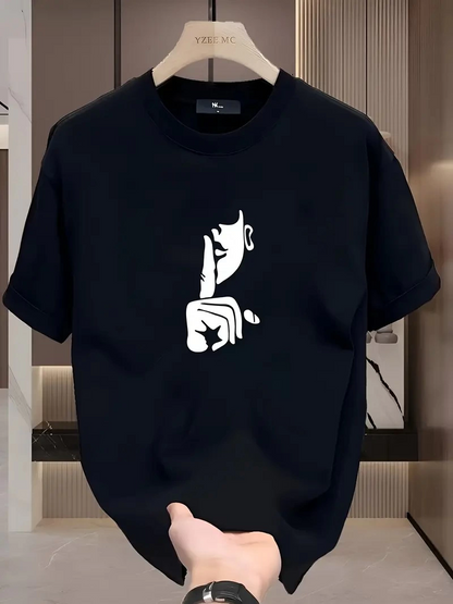Relaxed Crew Neck T-Shirt, Creative Cartoon Print - Soft Polyester, All-Season Wear - Black