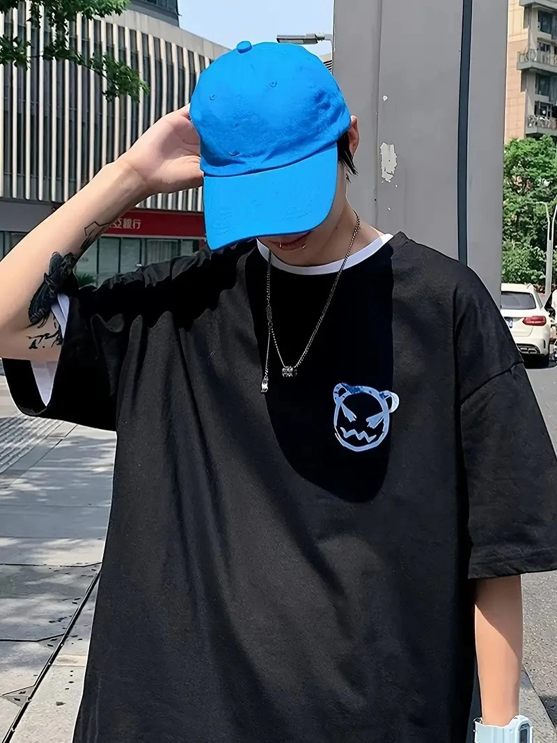 20/1 Combed Cotton Bike Collar Korean Style Cute Bear Print Short Sleeve Men's T-shirt - Black