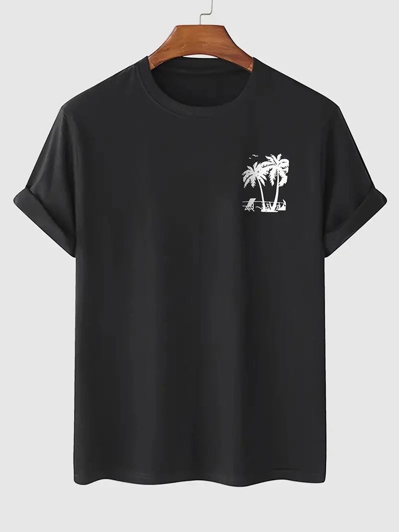 20/1 Combed Compact Cotton Palm Tree Pre-Printed Oversize Crew Neck Short Sleeve Summer T-shirt - Black